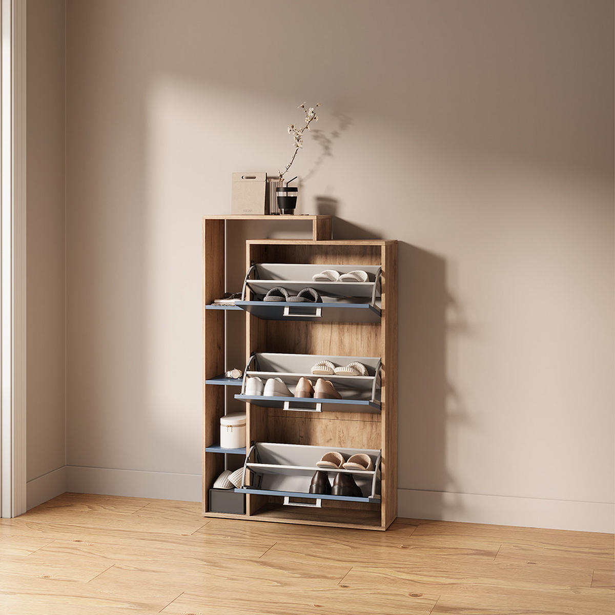 SCHUHKIPPER Ortello Goldkraft Eiche/Blau 80 x 128.3 cm mit 3 Fächern - Eichefarben/Dunkelblau, Holzwerkstoff (80/128.3/24.2cm) - Livinity®