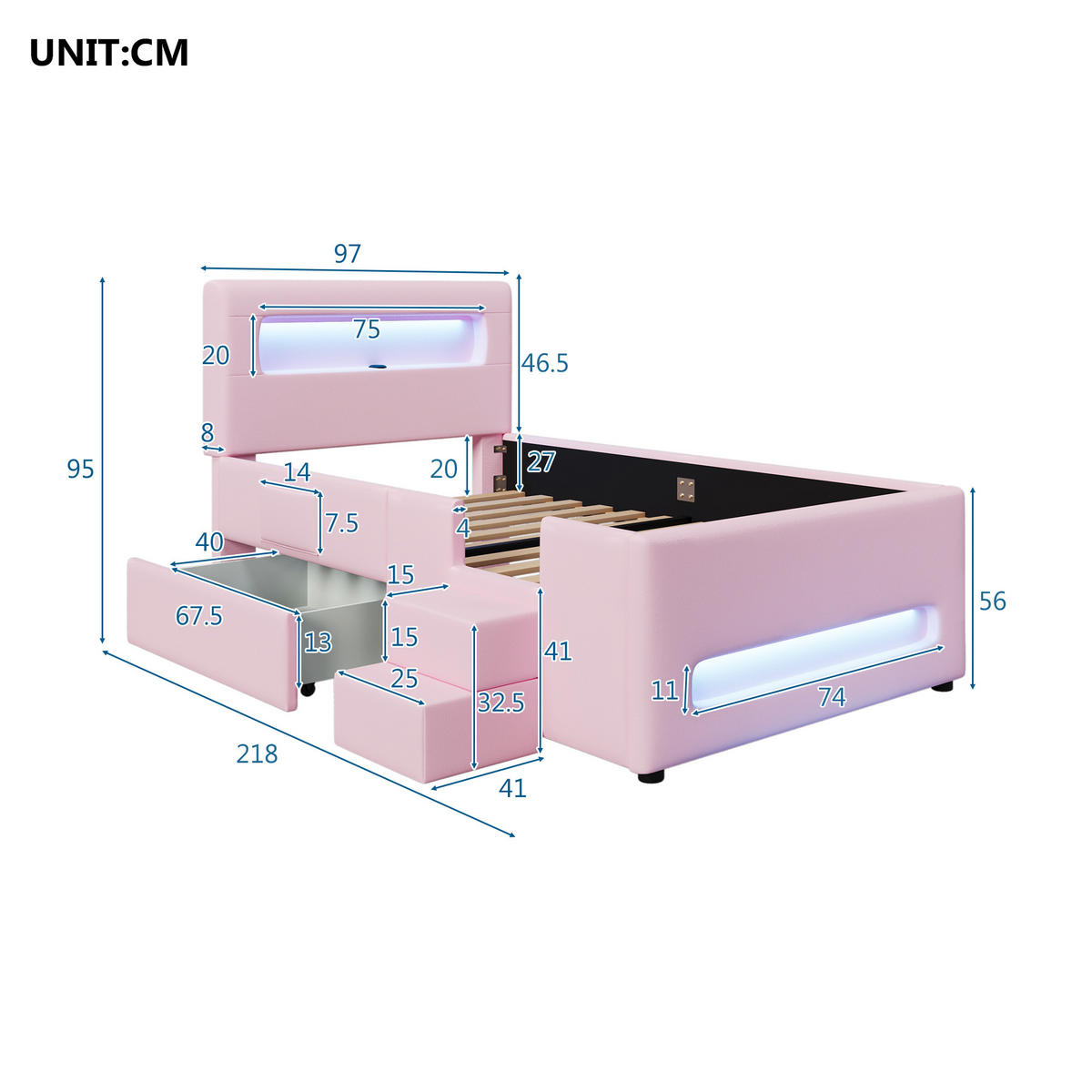 KINDERBETT 90/200 cm DE-03359, mit Treppe, Schubladen, LED-Lichtleisten und Aufbewahrungstaschen, in Rosa - Pink, Holzwerkstoff (90/200cm) - ComfortXL