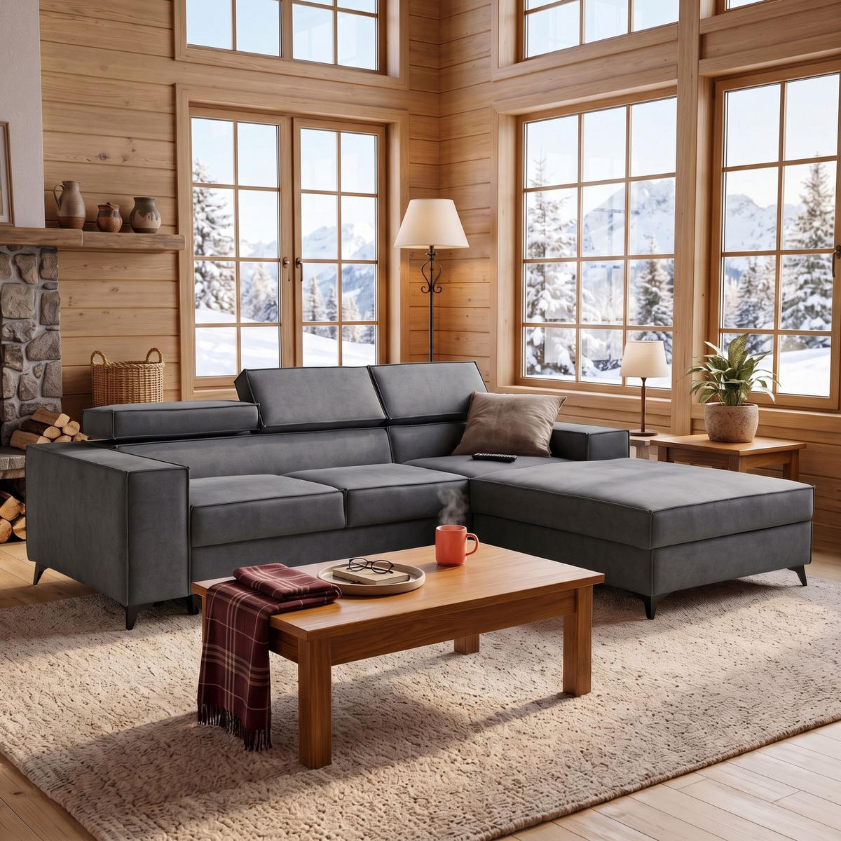 ECKSOFA PURE S Rechts mit Schlaffunktion 127x215 Velours Grau - Schwarz/Grau, Holz/Textil (204/281cm) - Muffo