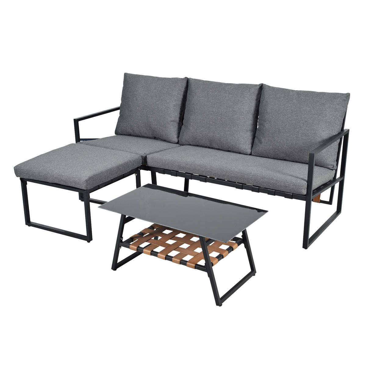 GARTENSET aus verzinktem Stahlrohr mit Glastischplatte Grau mit Sofa, Couchtisch und Fußhocker - Grau, Textil - Modfu