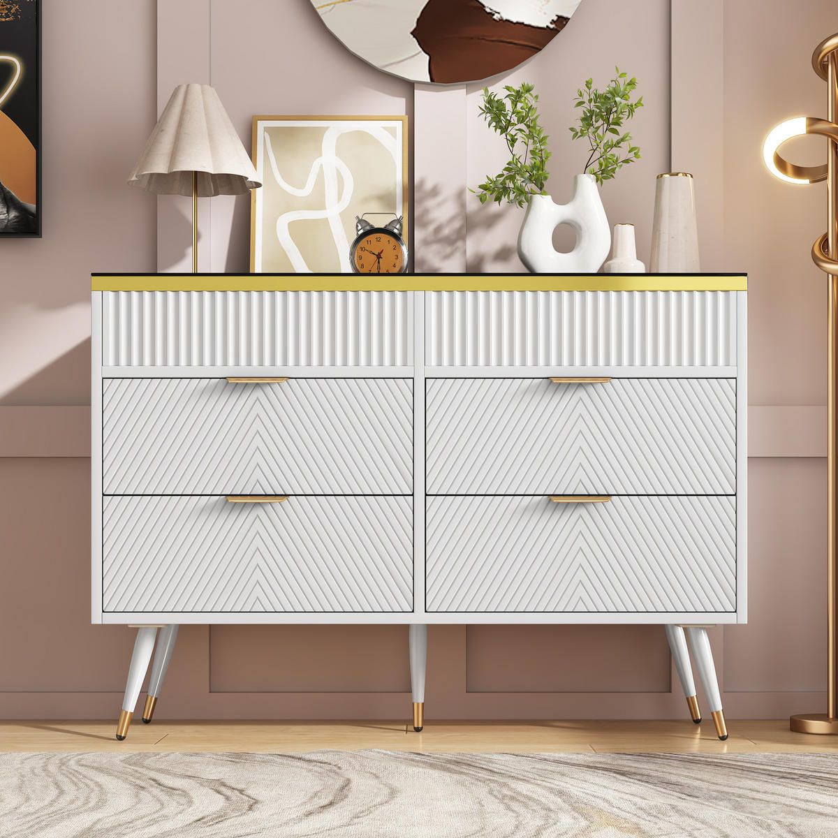 KÜCHENBUFFET mit 6 Schubladen und Glaselementen, 120 x 40 x 76 cm, Weiß, Glas, Spanplatte - Weiß, Holzwerkstoff (120/76/40cm) - SONNENH