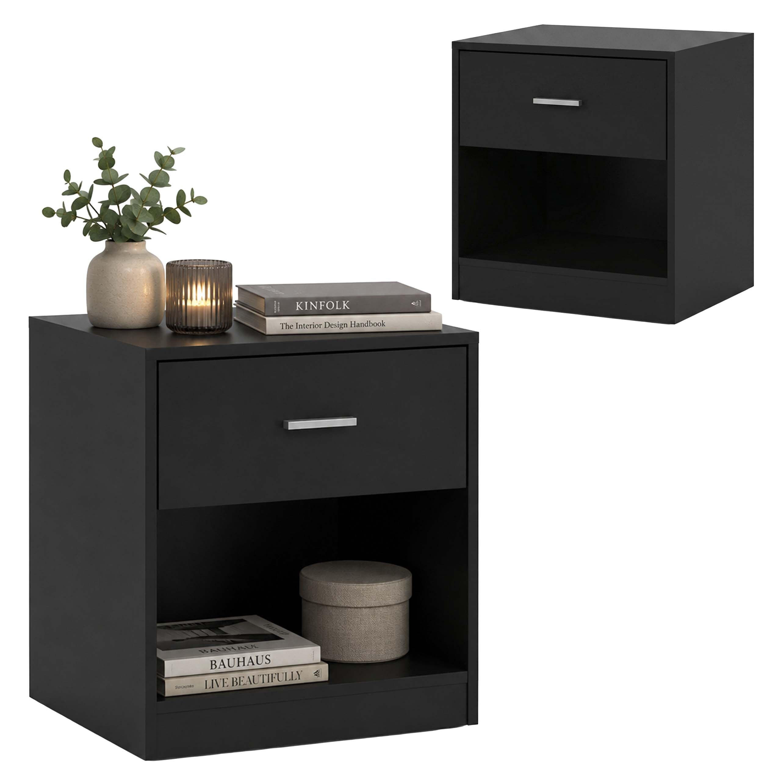 NATTBORD Svart 2-pack med låda - Svart, Träbaserade material (39/41/28cm) - Relaxdays