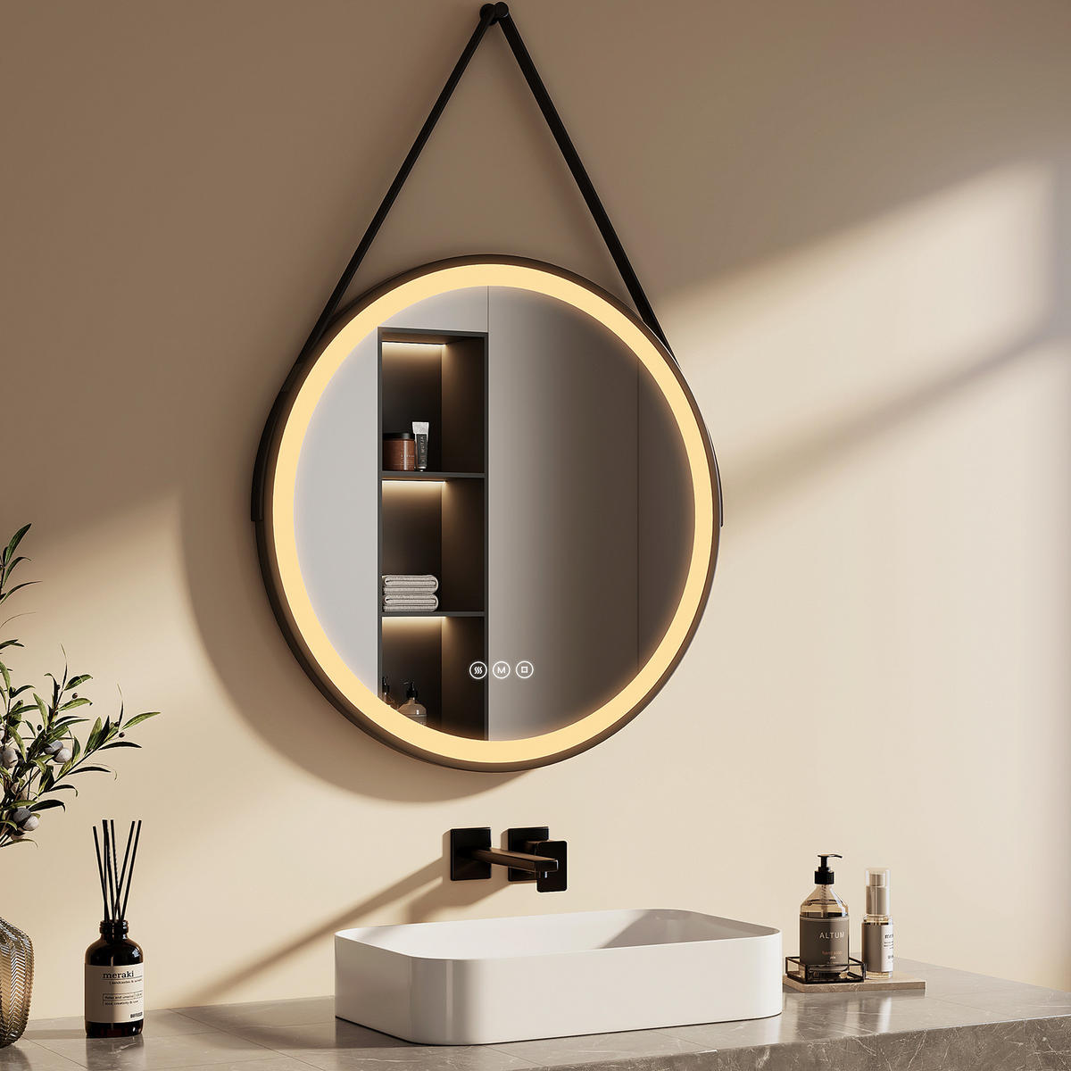 OGLINDA de baie cu LED-uri Ø 70 cm - negru, sticlă (70/70/3.5cm) - EMKE