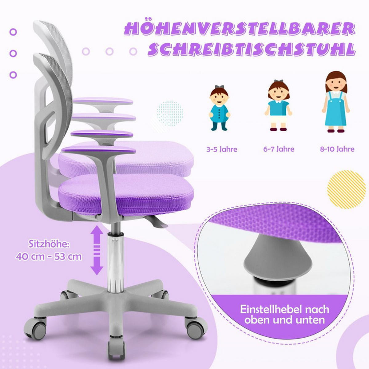 KINDER‑BÜROSTUHL 360°drehbar violett - Lila, Kunststoff (54/80/54cm) - COSTWAY