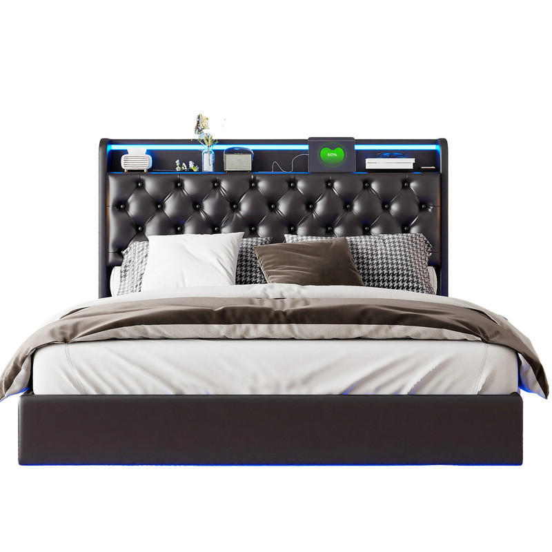 SHOPENTRA ČALOUNĚNÁ postel 140x200 cm Černá PU LED USB Bedbox