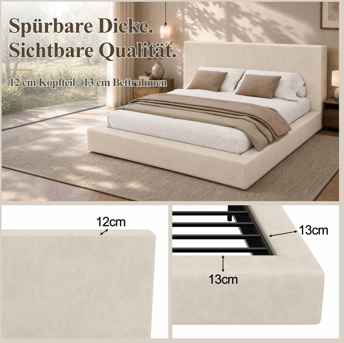 POLSTERBETT mit Lattenrost aus Chenille 180x200 cm Beige mit gepolstertem Kopfteil - Beige, Textil (180/200cm) - Modfu