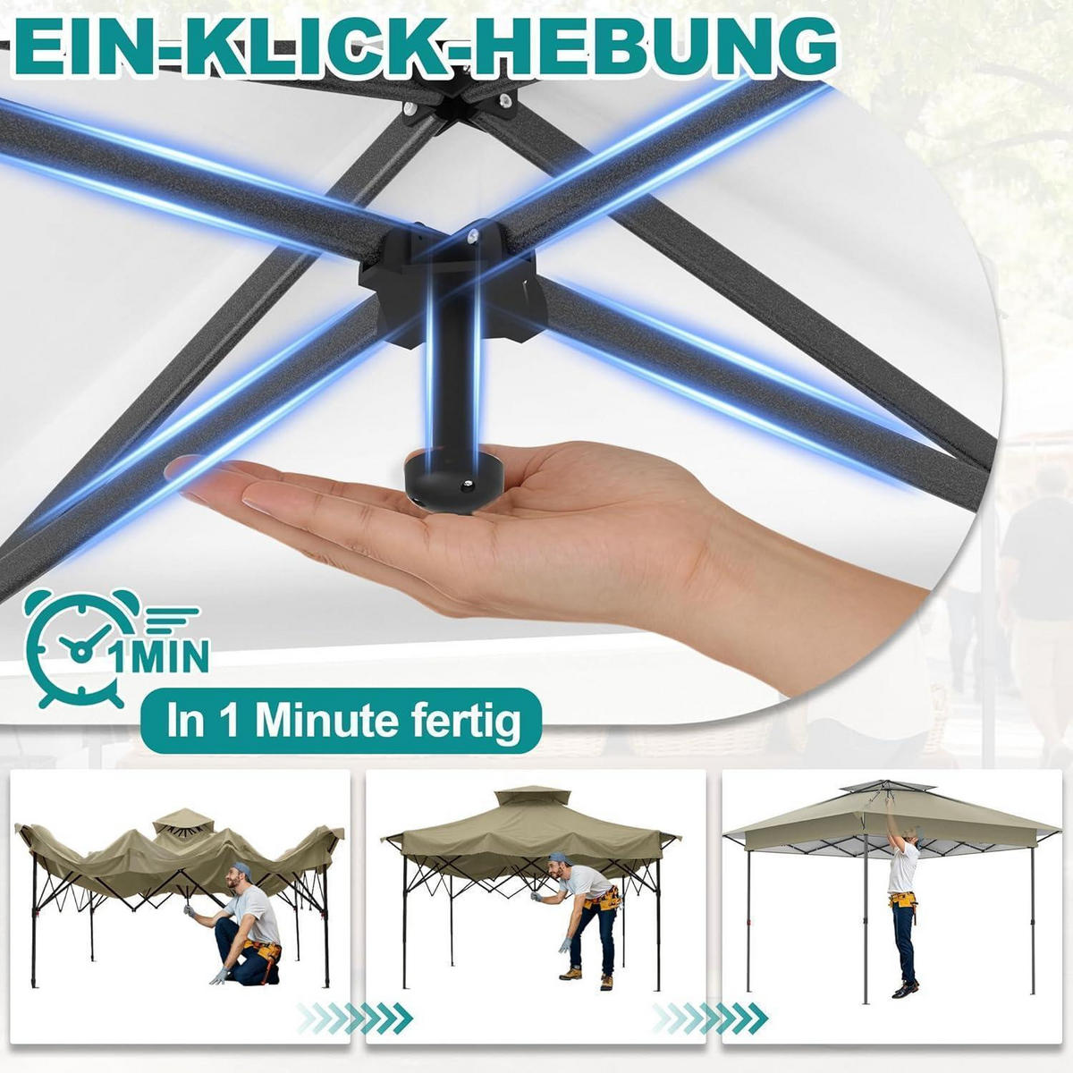 GARTENPAVILLON 4 x 4 m mit Moskitonetz Khaki - Olivgrün, Metall (400/285/400cm)