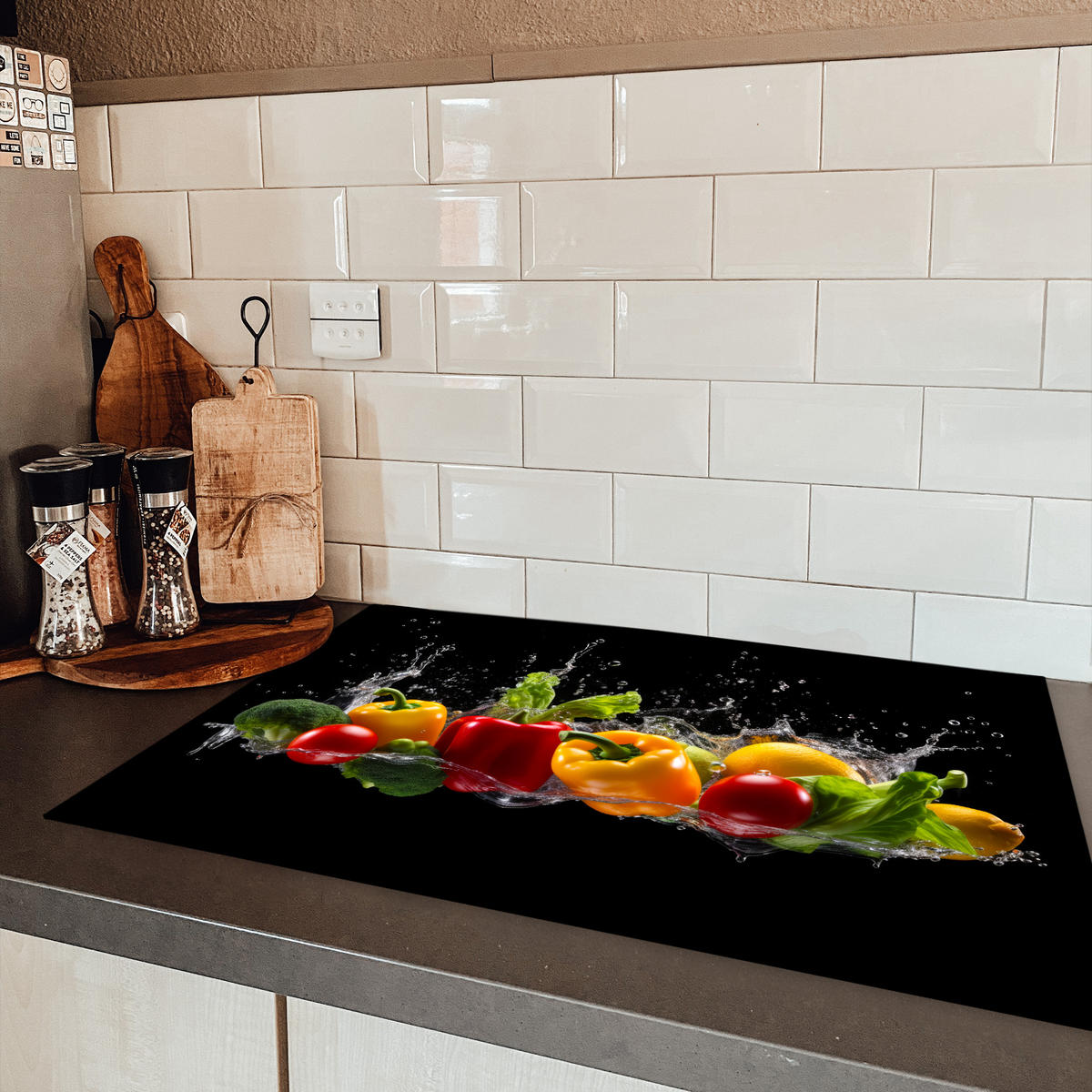 HERDABDECKPLATTE Paprika - Wasser - Gemüse - Schwarz 80x52 cm - Multicolor, Kunststoff (80.2/0.2/52.2cm) - MuchoWow