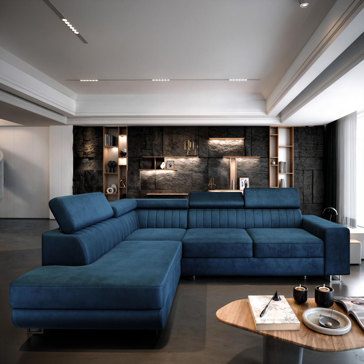 ECKSOFA NOLA L-S Blau Velours-Stoff mit Schlaffunktion - Blau, Holz (253/190cm) - MASSENO
