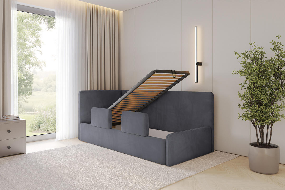 EINZELLBETT Jugendbett mit Bettkasten, Rechts - NORY 100x200 Dunkelgrau - Titanfarben, Holzwerkstoff/Textil (100/200cm) - ALTDECOR