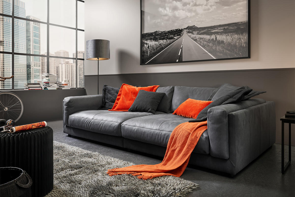 BIG SOFA RAINA Anthrazit Leder - Anthrazit/Schwarz, Leder/Kunststoff (254/85/150cm) - KAWOLA