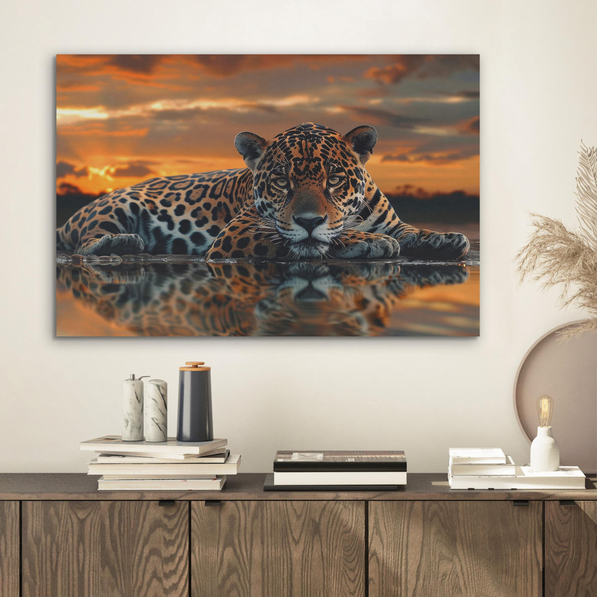 AKUSTIKBILD Natur - Leopard - Tier - Sonnenuntergang - Modern Wanddeko 70x50 cm - Orange, Kunststoff (70/50/0.9cm) - MuchoWow