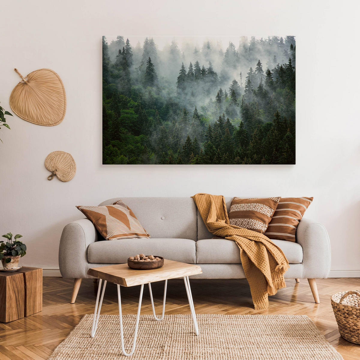 LEINWANDBILD Wald im Nebel Landschaft 3D 120x80 - Schwarz/Grau, Textil (120/80cm) - Muralo