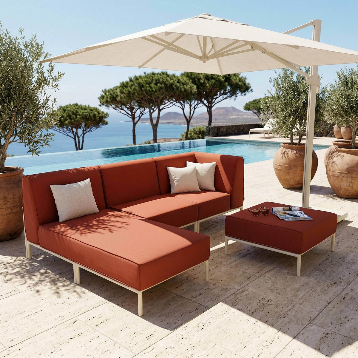 GARTENSOFA mit 4 Sitzplätzen, Terrakotta - Rot, Textil (153/78/272cm) - Oviala