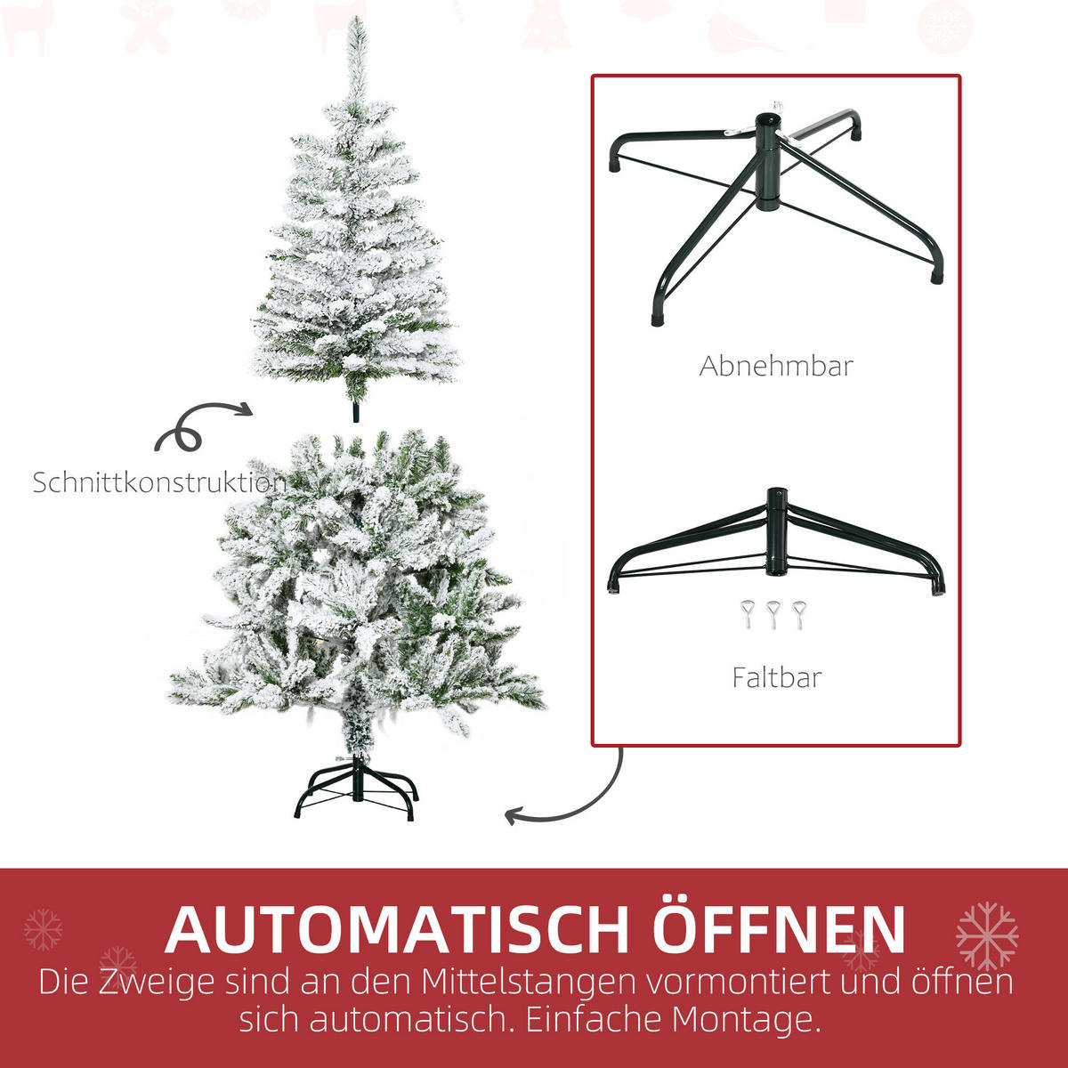 WEIHNACHTSBAUM 150 cm Künstlicher Kieferbaum mit Kunstschnee, 358 Astspitzen - Weiß/Grün, Kunststoff/Metall (150cm) - HOMCOM