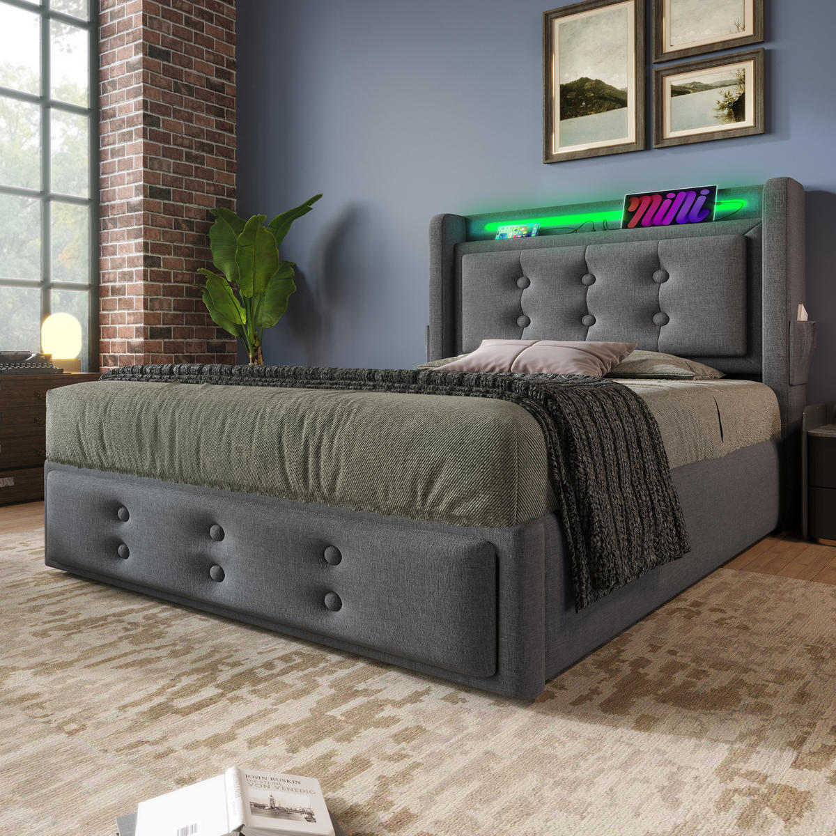 POLSTERBETT 90/200 cm Grau mit LED, Bettkasten und USB- und Type-C-Anschlüssen - Grau, Textil (90/200cm) - Flora Grace