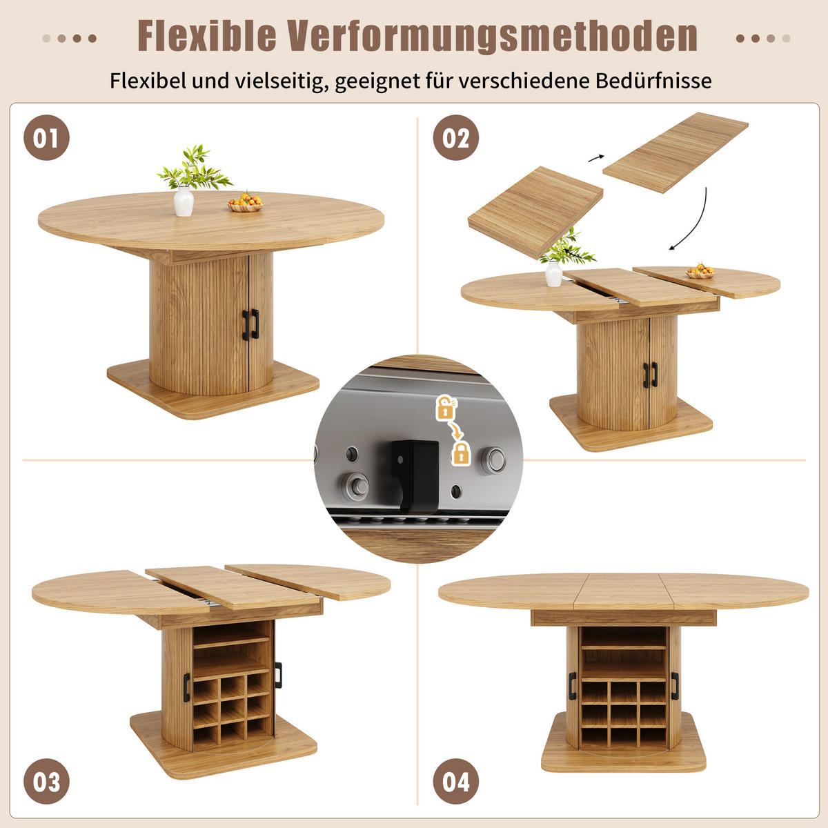 ESSTISCH in Naturbraun Ausziehbarer Küchentisch mit ausnehmbaren Einlegeböden für Esszimmer - Hellbraun/Schwarz, Holzwerkstoff/Metall (158/118/76cm) - STILVORA