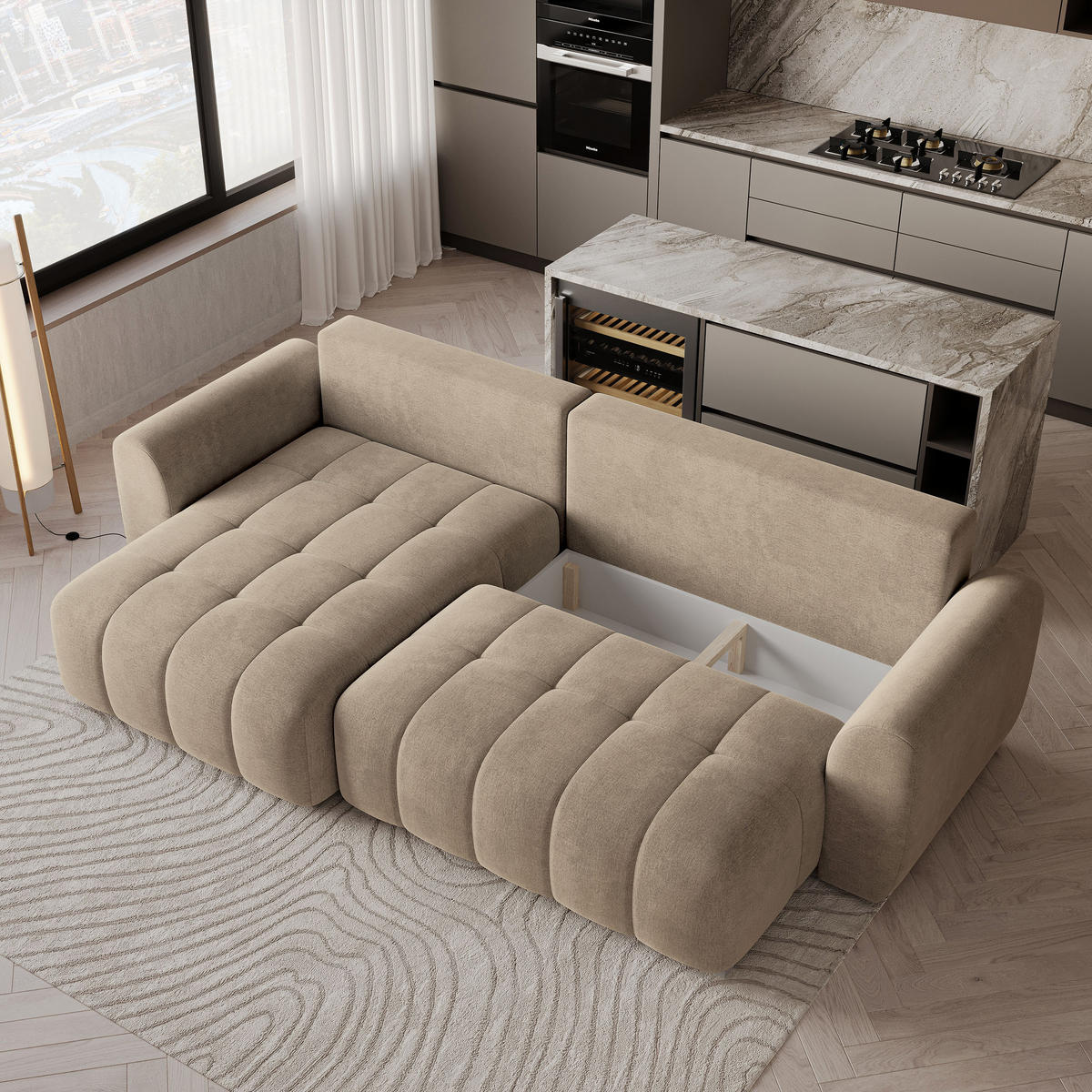 ECKSOFA MODARO CL Beige Samtstoff mit Schlaffunktion - Beige, Holzwerkstoff/Textil (285/148cm) - MASSENO