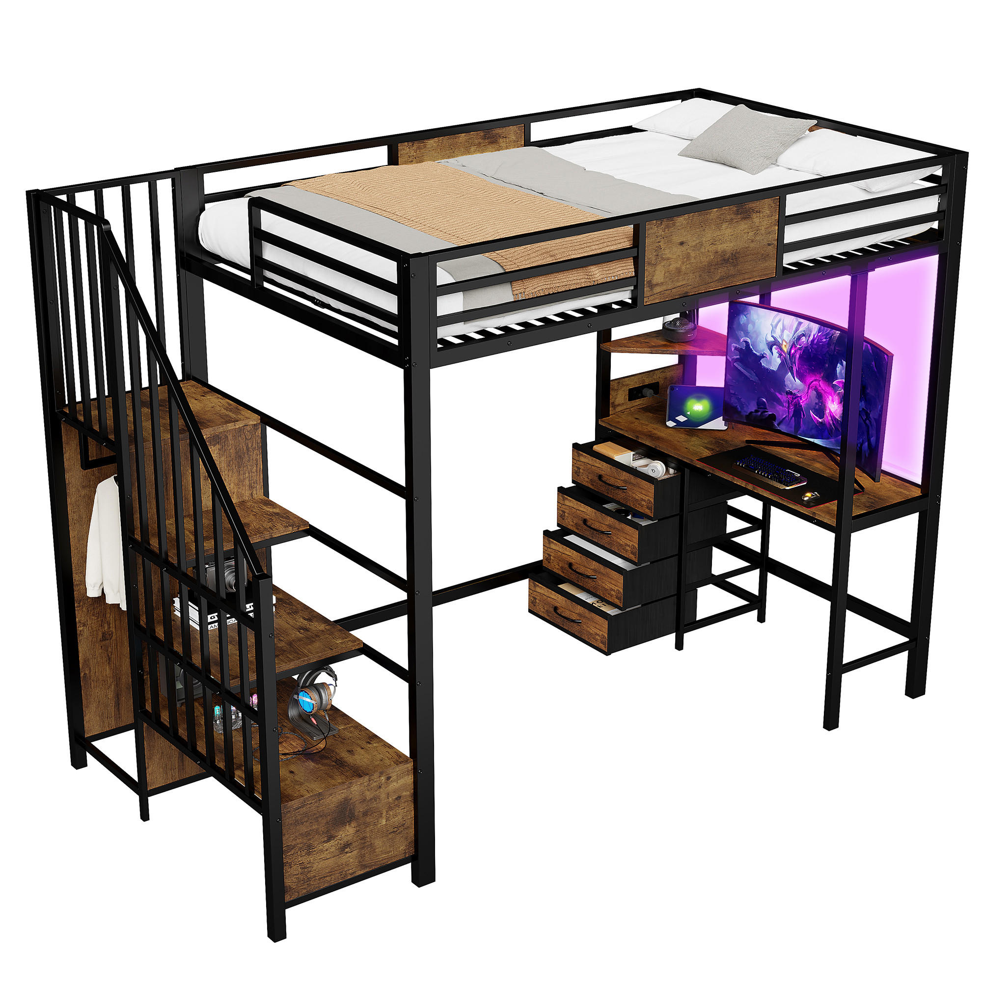 HOCHBETT mit Schreibtisch 90x200 cm Metall Schwarz - Schwarz, Metall (90/200cm) - Meubliv