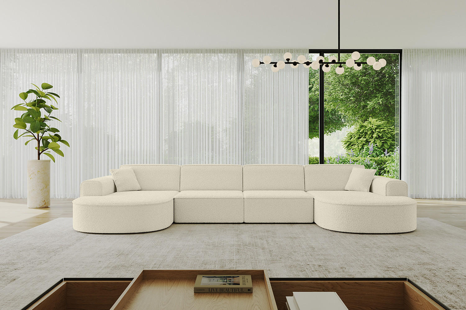 WOHNLANDSCHAFT MARI-U2 - 380x163x73,5 cm Beige Bouclé - Beige/Schwarz, Holzwerkstoff/Kunststoff (380/73.5/163cm) - ALTDECOR