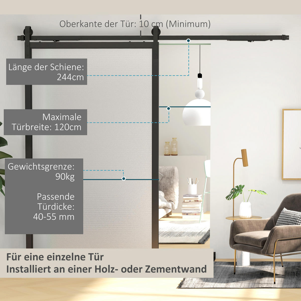 SCHIEBETÜREN-BESCHLAGSATZ, 244 cm Komplett-Set mit Schienen, Rollen, Anti-Sprung-Vorrichtungen, Türstopper, Schwarz - Schwarz, Metall (0.5/4/244cm) - HOMCOM