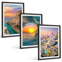 BILDER SET 3er Set - 40x60 cm Schwarzer Rahmen - Meereswellen, weiße Häuser, Santorini - Schwarz, Kunststoff (40/60cm) - TULUP
