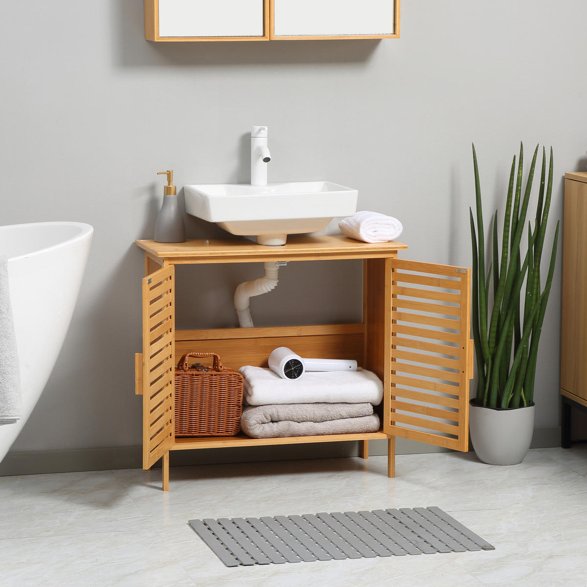 WASCHBECKENUNTERSCHRANK DE-15867 aus Bambus mit 2 Türen Natur - Naturfarben, Naturmaterialien (66/61.5/29cm) - ComfortXL
