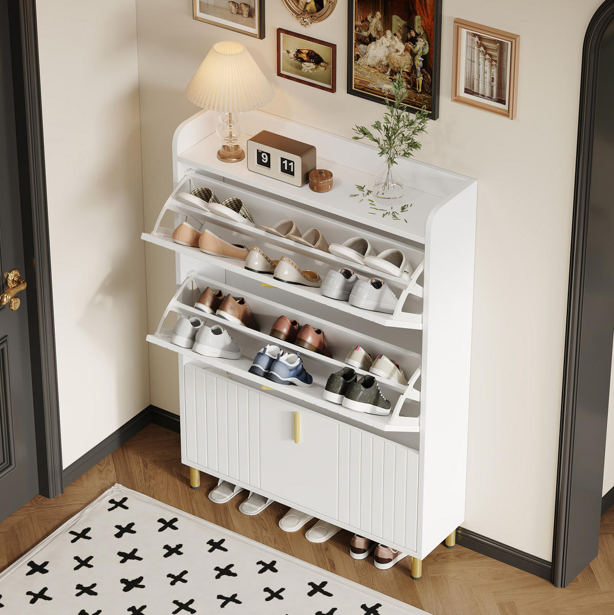 SCHUHSCHRANK mit 3 Klappen 80 x 23 x 123,5 cm MDF Weiß - Weiß, Holzwerkstoff (23.5/123.5/80cm) - Beauniv