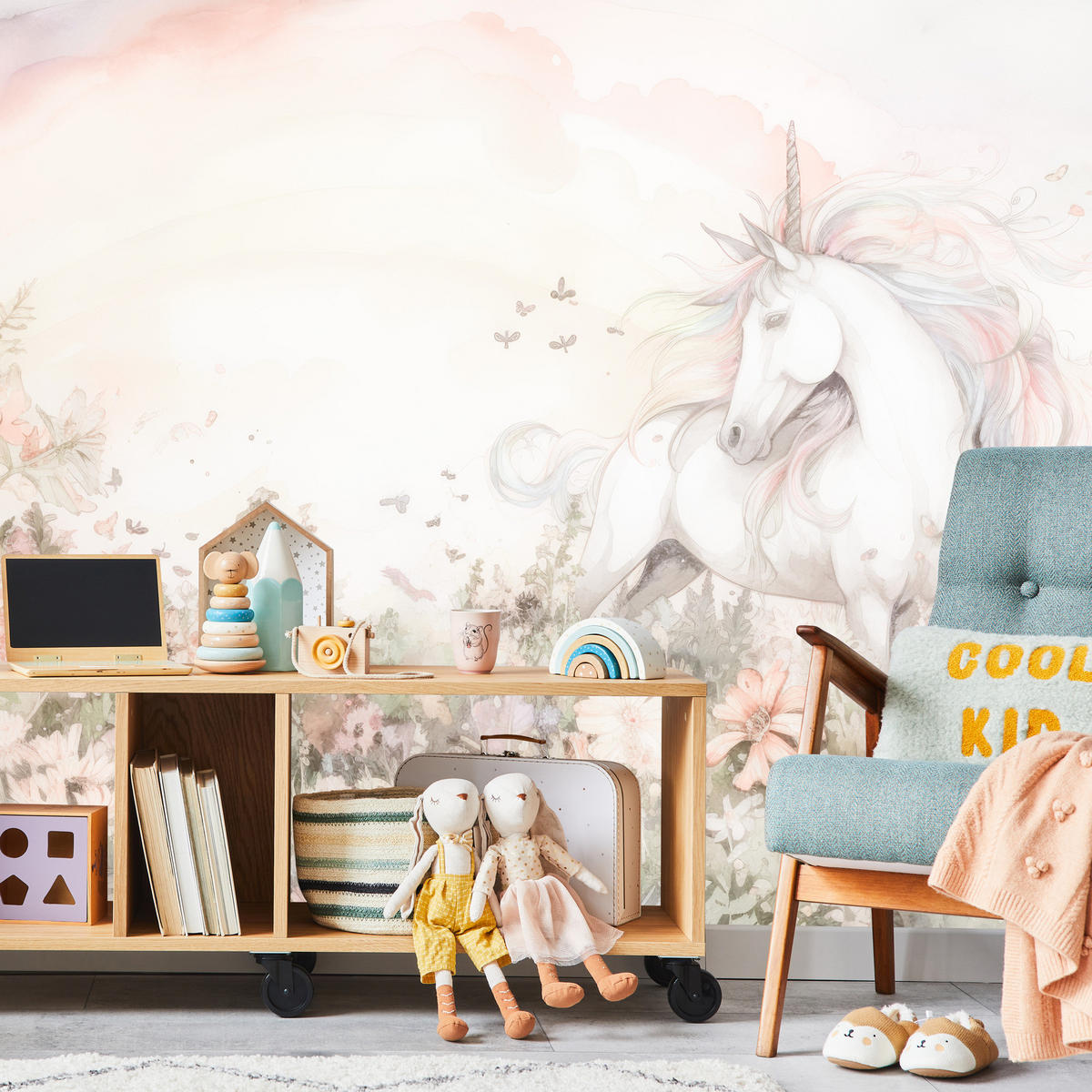 FOTOTAPETE für Kinder Einhorn Blumen Aquarell 350x256 - Gelb/Beige, Papier (350/256cm) - Muralo