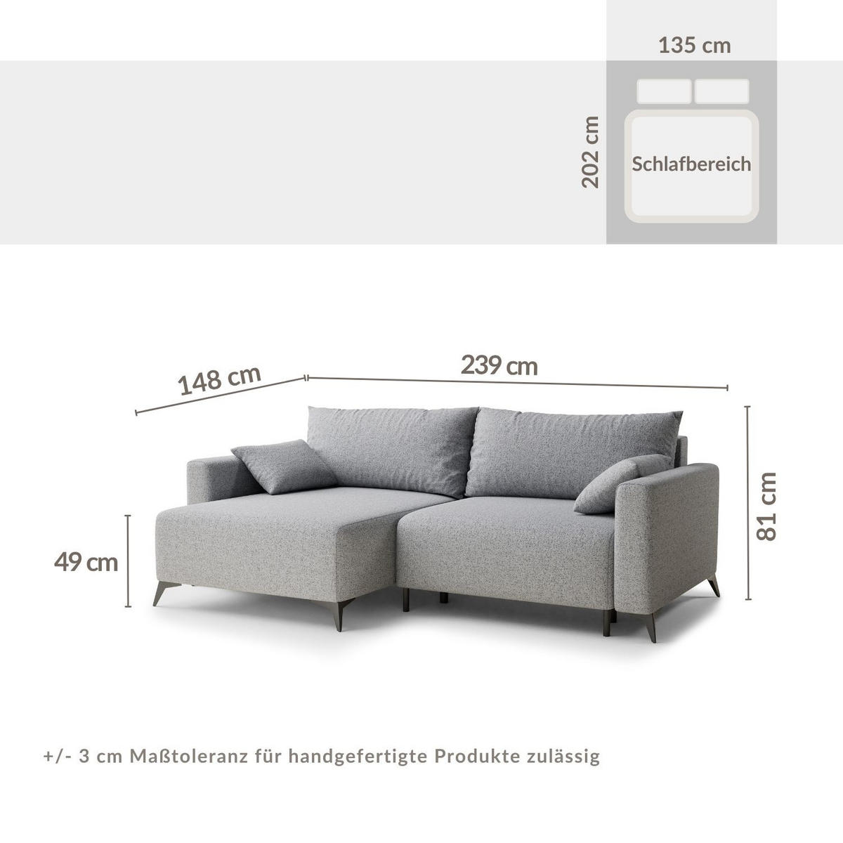 ECKSOFA MIT SCHLAFFUNKTION Leon Grau Webstoff - Schwarz/Grau, Holz/Holzwerkstoff (148/239cm) - Maison de Reve