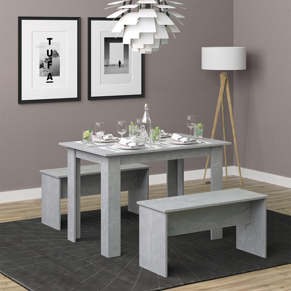 ESSTISCH SET Sentio Beton 110 x 70 cm mit 2 Bänken - Grau, Holzwerkstoff (110/73/70cm) - Vicco