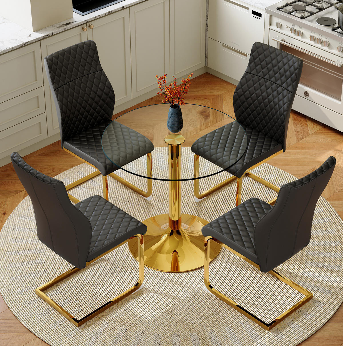 ESSZIMMER-SET mit Glastisch 5-tlg. 85 cm Schwarz/Gold - Schwarz, Metall (85/76/85cm) - Meubliv