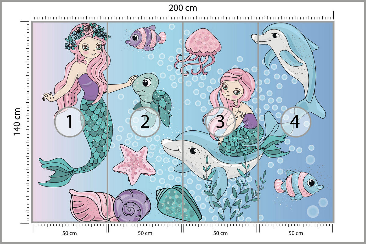 FOTOTAPETE für Kinderzimmer Meerjungfrauen Delfine Fische Muscheln Qualle Schildkröte 200x140 - Multicolor, Papier (200/140cm) - Muralo