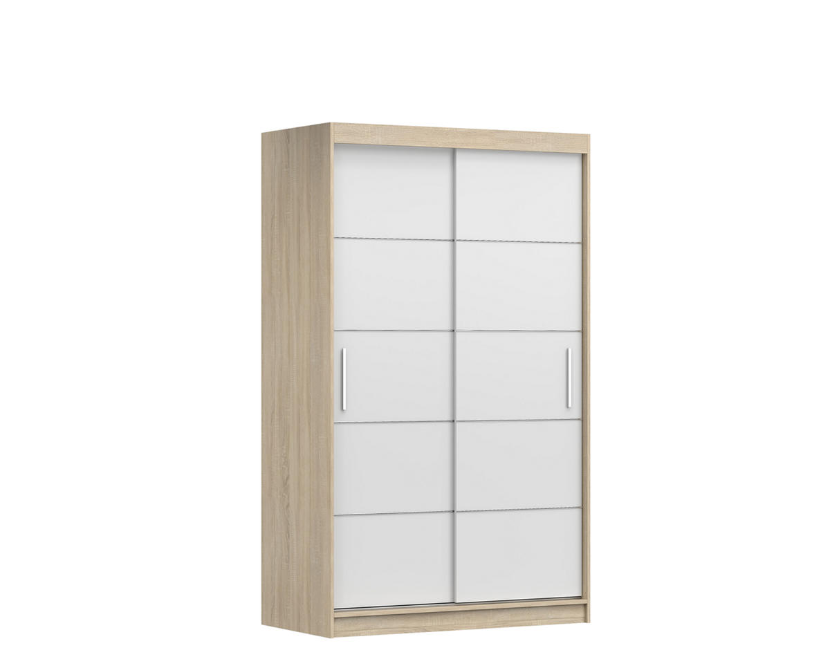 SCHIEBETÜRENSCHRANK - Noah 06 - Sonoma + Weiß - Weiß/Sonoma Eiche, Holzwerkstoff/Metall (120/200/61cm) - Möblo