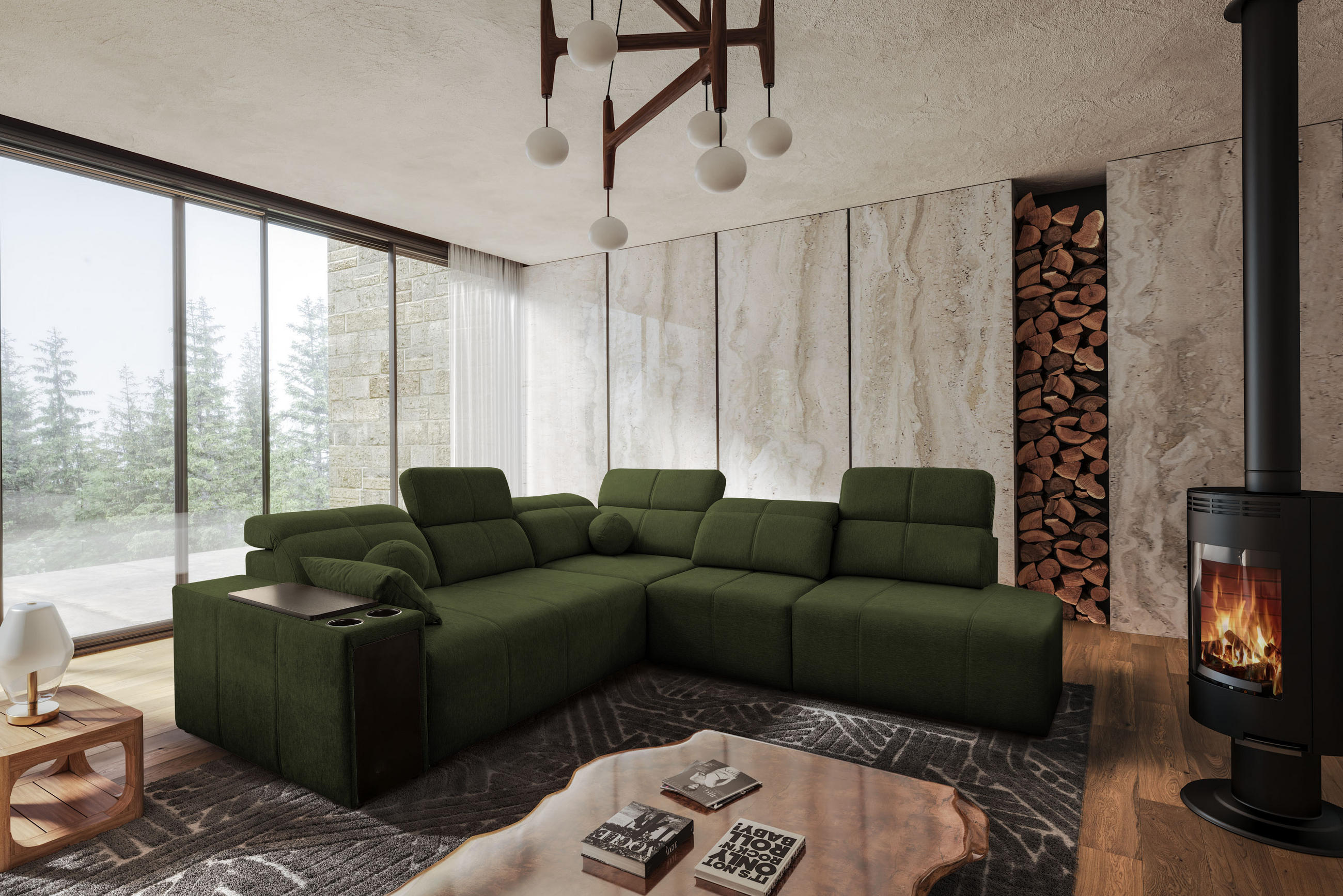 ECKSOFA Mindy IX Mit Schlaffunktion, Verstellbarer Rückenlehne Stoff Verita Dunkelgrün Rechts - Dunkelgrün, Holz (300/288cm) - Kaiser Möbel