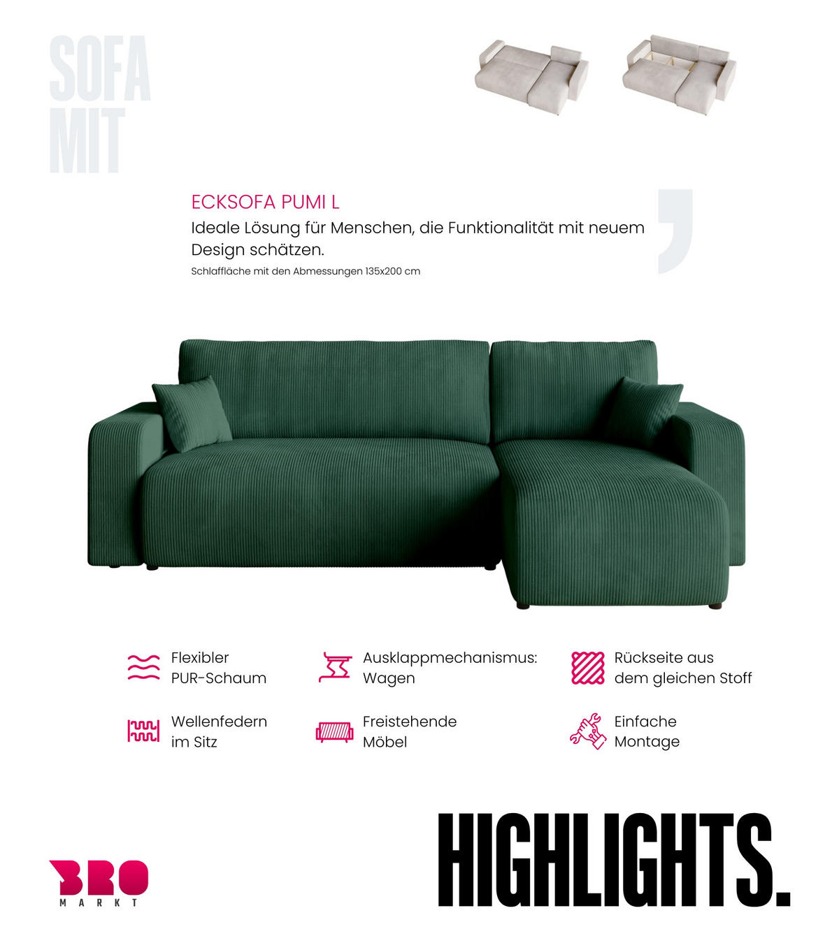 ECKSOFA PUMI mit Schlaffunktion Dunkelgrün Cord - Dunkelgrün, Textil (244/148cm) - Bromarkt