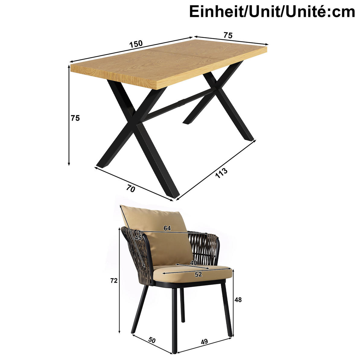 ESSTISCHSET Rattan/ Eisen Khaki/Natur 7-tlg. - Beige, Metall - ComfortXL