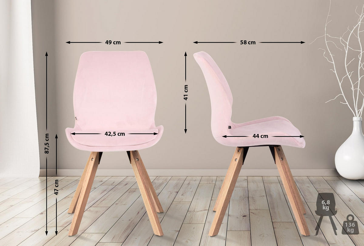STUHL 4er Set Samt pink - Pink/Eukalyptusholzfarben, Holz/Textil (49/87.5/58cm) - CLP