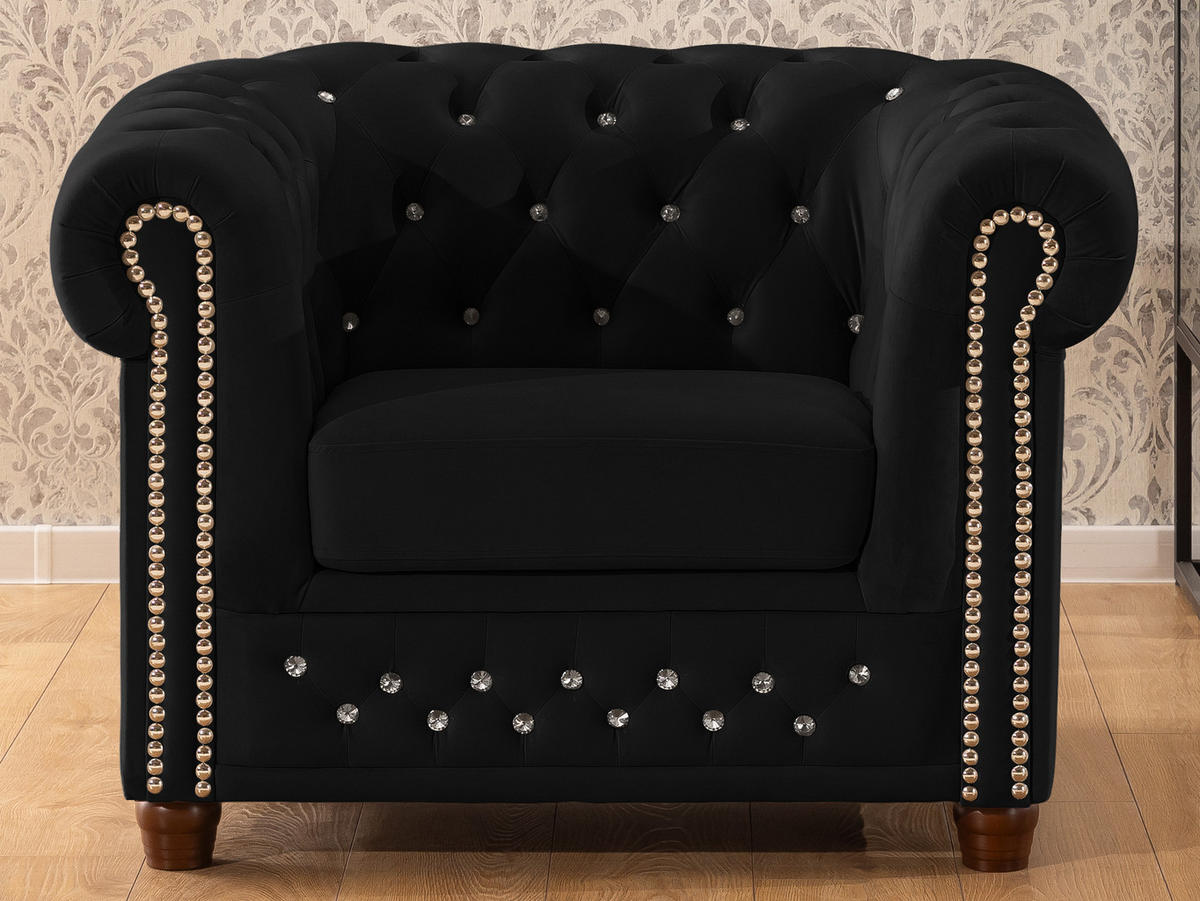 CHESTERFIELD-SESSEL Cleo Blink Schwarz Samt mit Kristallsteppung und braunen Massivholzfüßen - Beige/Schwarz, Holz/Textil (104/72/86cm) - S-Style Möbel