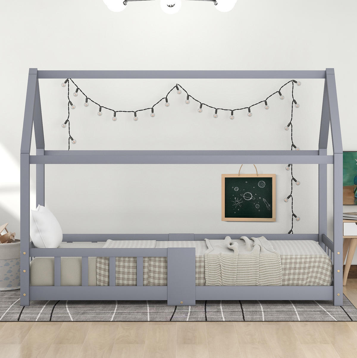 KINDEREINZELBETTEN aus Massivholz 90x200 cm in Grau mit Tafel - Grau, Holz (90/200cm) - Modfu