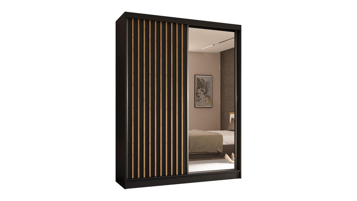 KLEIDERSCHRANK mit Spiegel-Schiebetüren und Aluminium-Leisten - LAMELO - 160 cm Schwarz+Schwarz+ Artisan - Schwarz/Eiche Artisan, Holzwerkstoff (160/216/61cm) - ALTDECOR