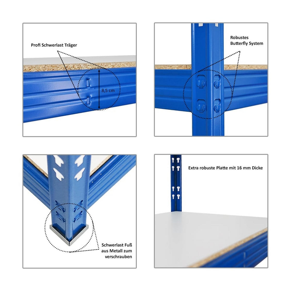 SCHWERLASTREGAL Rhino 200x200x60 cm 4 Melamin-Ebenen 16mm Fachlast 500 kg Blau - Blau, Metall (200/200/60cm) - PROREGAL