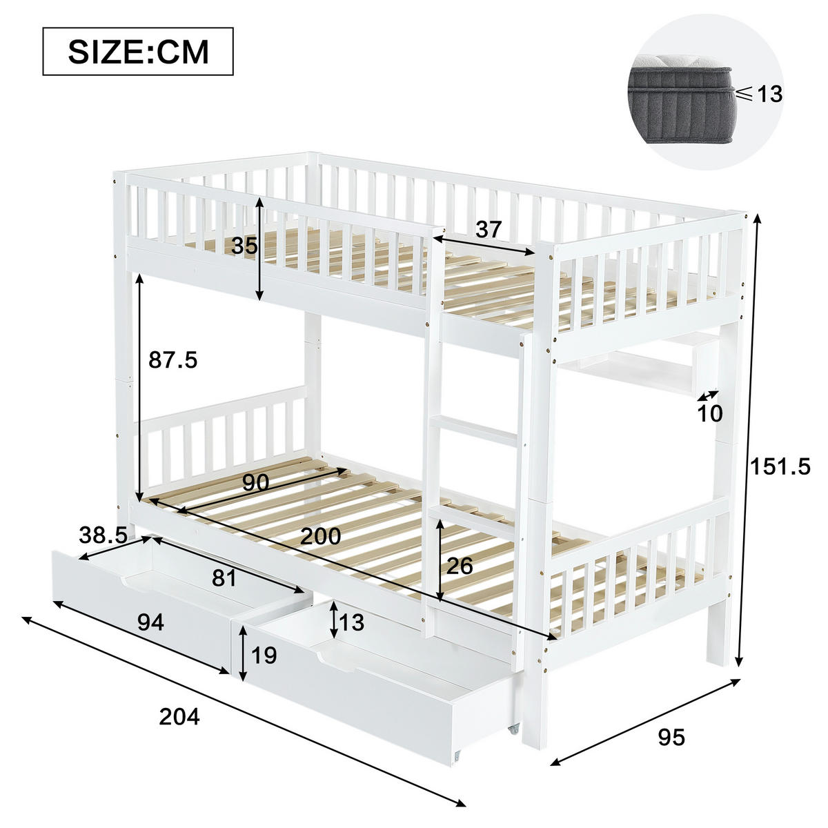 BETT Etagenbett mit Leiter und Stauraum Weiß 90x200 cm - Weiß, Holz (90/200cm) - ComfortXL