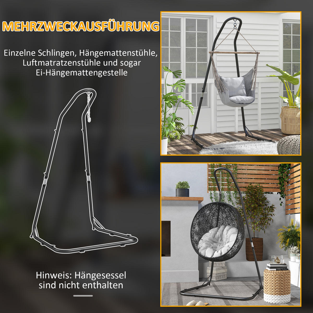 HÄNGESTUHLGESTELL, Metall, Schwarz - Schwarz, Metall (133/116/230cm) - Outsunny