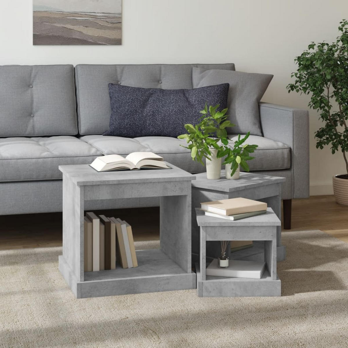 COUCHTISCHE 3 Stk. Betongrau Holzwerkstoff - Grau, Holzwerkstoff (48/45/45cm) - furnicato
