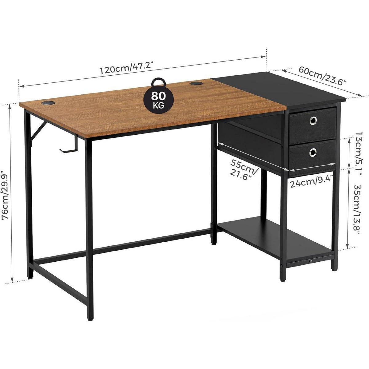 SCHREIBTISCH mit Schubladen und Kopfhörerhalter 120 x 60 x 76 cm Vintage Braun - Multicolor, Holzwerkstoff (60/120/76cm)