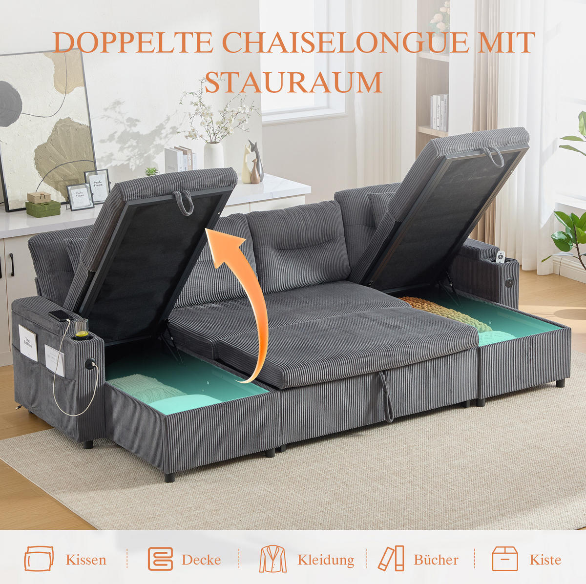 4-SITZER Wohnlandschaft Cord mit 2 Chaiselongues Stauraum und USB-Anschluss 272/136/86 cm Anthrazit - Anthrazit, Textil (136/86/272cm) - Redom