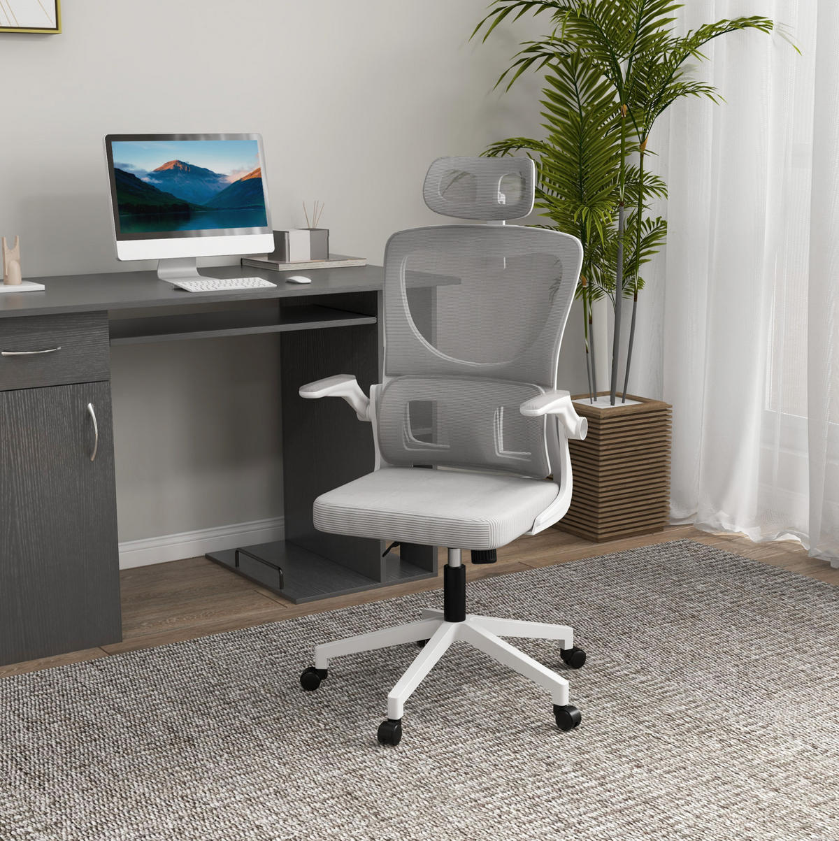 GAMINGSTUHL 60/59/114-122 cm, ergonomisch, höhenverstellbar, Mesh, grau - Grau, Textil (59/122/60cm) - Redom