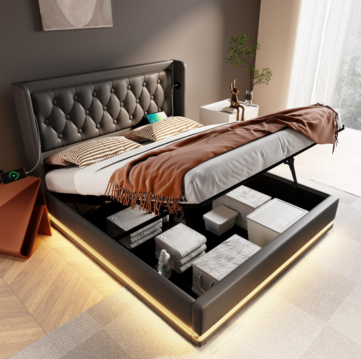 POLSTERBETT mit Stauraum USB/Typ-C 160x200 cm PU Schwarz - Schwarz, Metall (160/200cm) - Meubliv