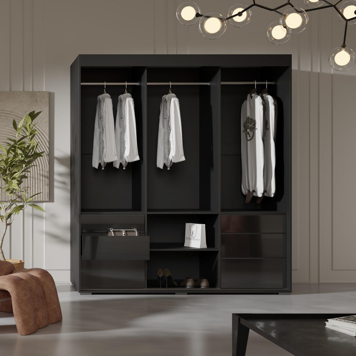 SCHIEBETÜRENSCHRANK mit Schubladen Torino 3D 180 Schwarz (Lacobel) - Silberfarben/Schwarz, Holzwerkstoff/Metall (180/204/65cm) - mzm24